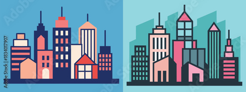 Illustration of two cityscapes with various buildings and skyscrapers against contrasting backgrounds design | editable eps