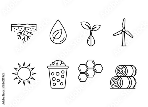 Collection of eight line art icons representing environmental and agricultural themes, including soil, water, plant, wind turbine, sun, compost, honeycomb, and hay bales.