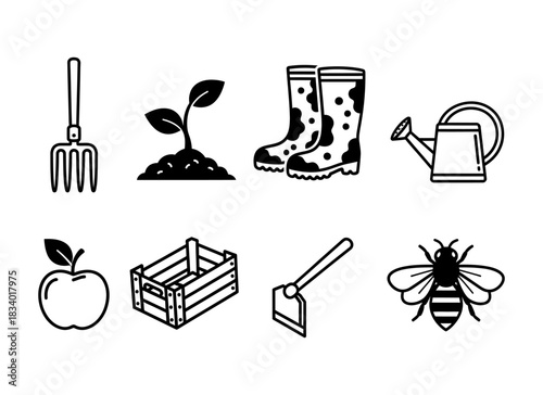 A collection of gardening icons including a fork, seedling, boots, watering can, apple, crate, hoe, and bee, all presented in a clean, minimalist black and white style.