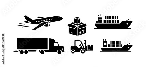 Black and white icons depicting various modes of transportation and logistics, including a plane, truck, ships, forklift, and a box.