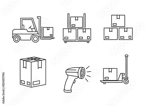 Line art illustration depicting warehouse operations: forklift, stacked boxes on a cart, boxes in a pile, single box, barcode scanner, and a hand truck with a box.