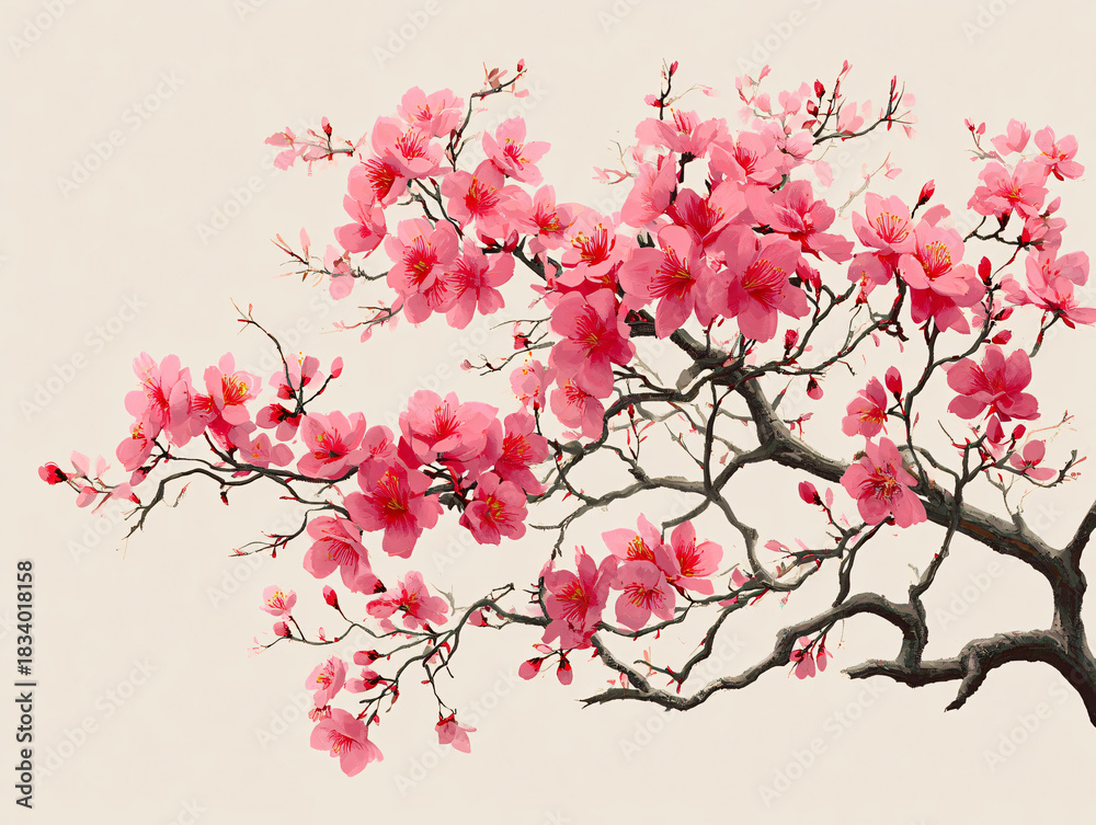Fototapeta premium Pink cherry blossom branches in full bloom sakura flowers on white background spring