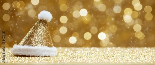 Sparkling golden Santa hat placed on a glittering surface The festive scene features a luxurious gold bokeh background with luminous circular lights