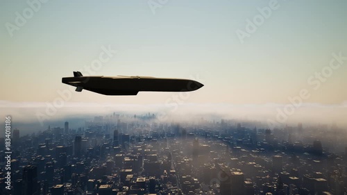 A cruise missile flying in the clouds above the city attacks enemy energy facilities. 3D animation.