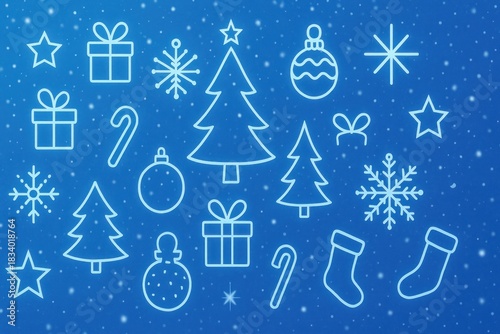 A cheerful, snowy blue background featuring a scattering of snowflakes depicts classic holiday icons like the Christmas tree and end-of-year gifts.