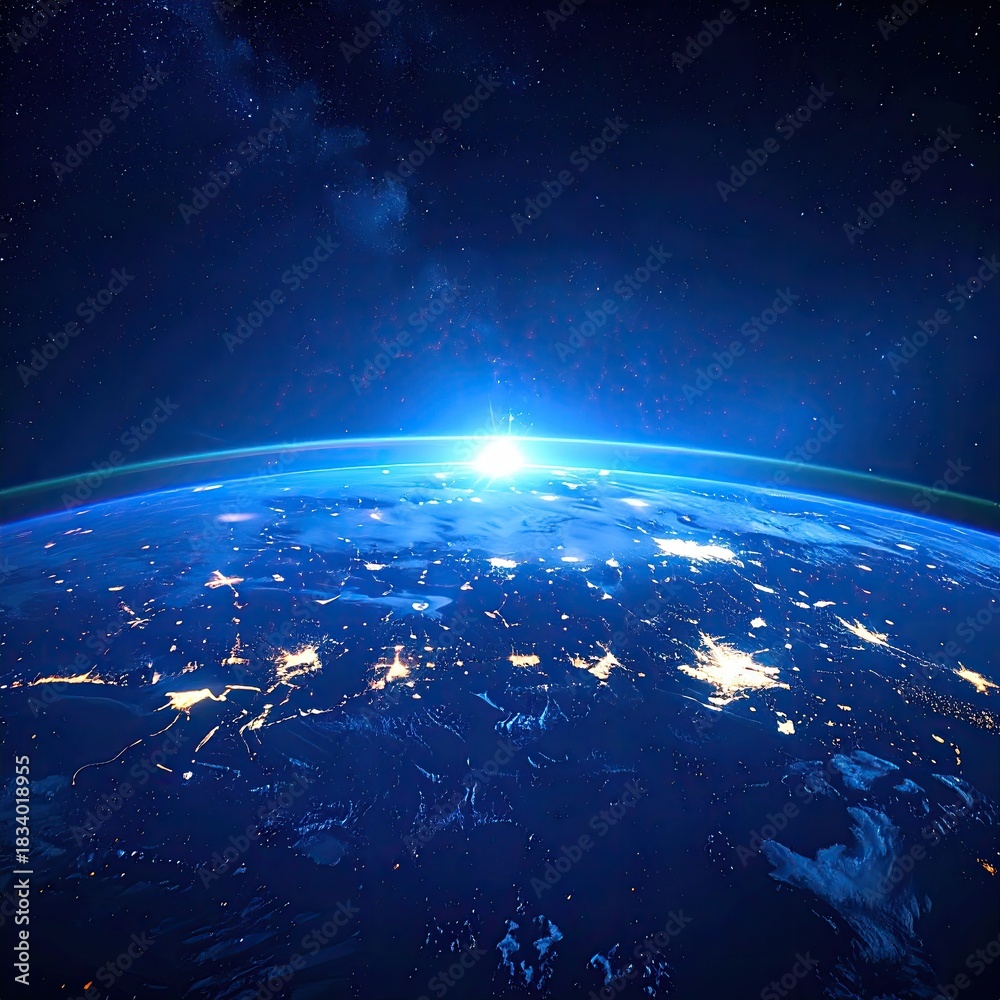 Obraz premium Earth from space, sunrise over continents. Vast expanse of dark blue space. Earth's horizon, illuminated by a bright sunrise, shows continents with city lights