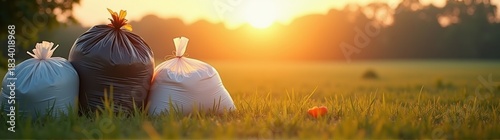 Three bags of garbage sitting in the grass