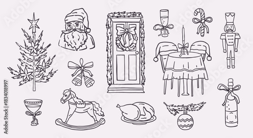 Christmas doodle whimsial sketch set with Santa, door and fir tree