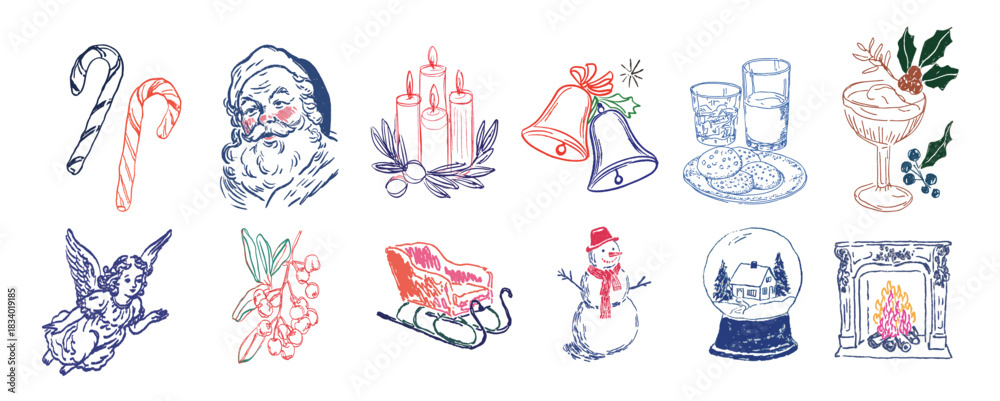 Fototapeta premium Hand drawn christmas doodle collection featuring festive icons, winter elements and classic holiday illustrations