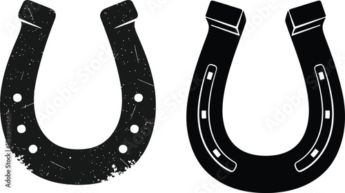 Various distressed horseshoe icons different styles good luck symbols weathered metal textures lucky charms success emblems transparent background