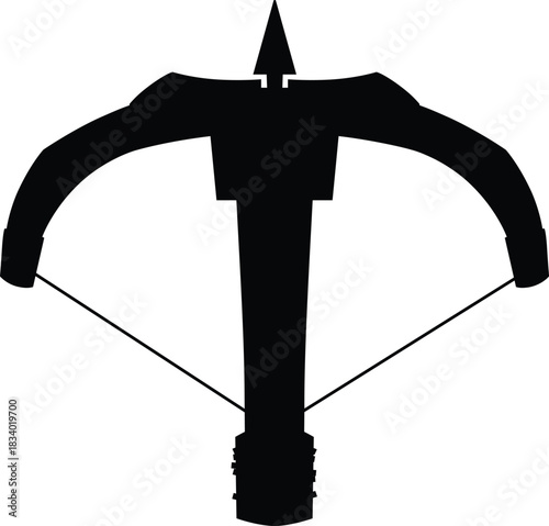 Black silhouette of an antique crossbow with an arrow, archery weapon.