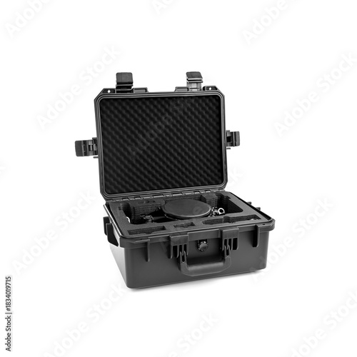 Underwater camera housing in heavy-duty case isolated on white background