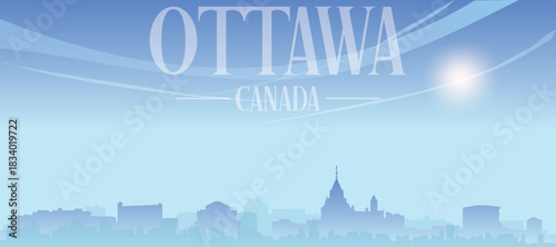 Blue panoramic poster of the city skyline with misty background buildings and clouds of OTTAWA, CANADA