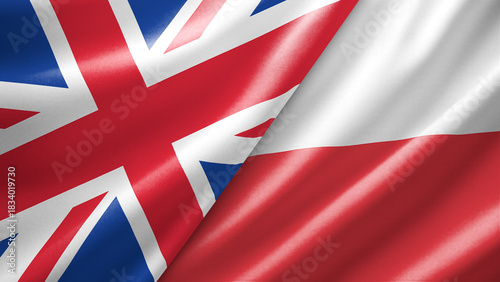 United Kingdom UK and Poland two national flags filling the entire frame, close-up view, edge-to-edge composition