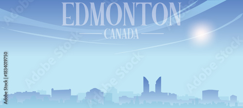 Blue panoramic poster of the city skyline with misty background buildings and clouds of EDMONTON, CANADA