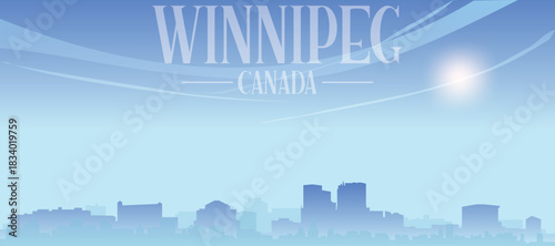 Blue panoramic poster of the city skyline with misty background buildings and clouds of WINNIPEG, CANADA