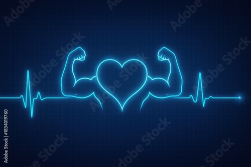 The electrocardiogram line depicts a strong heart flexing its biceps, illustrating the concept of a strong and healthy heart.