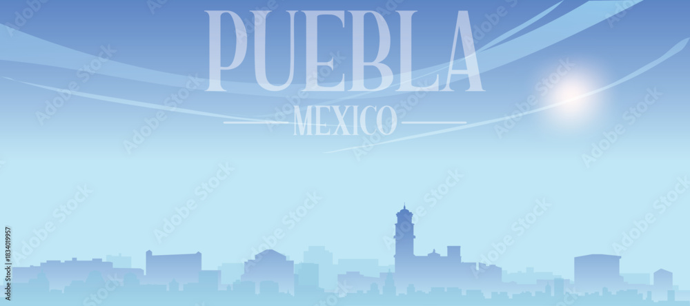 Fototapeta premium Blue panoramic poster of the city skyline with misty background buildings and clouds of PUEBLA, MEXICO