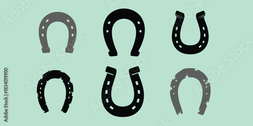 Horseshoe vector illustration good luck symbol collection, isolated horseshoes set of six, lucky horseshoe design elements, traditional metallic horse shoe icons