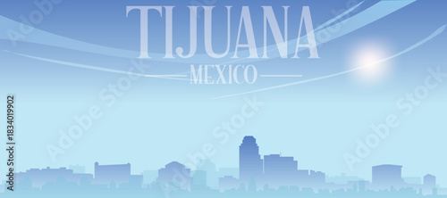 Blue panoramic poster of the city skyline with misty background buildings and clouds of TIJUANA, MEXICO