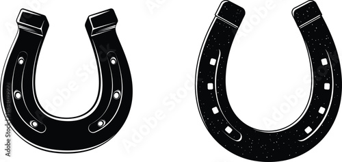 Two black horseshoe good luck symbols for equine sport and cowboy culture isolated on transparent background vector illustration of western theme elements