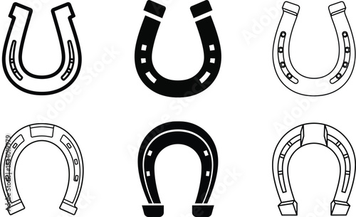 Set of horseshoe silhouettes outline style vector graphics collection various designs lucky charm symbol wild west icon western emblem traditional rustic object