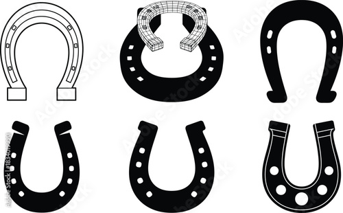 Set of horseshoe silhouettes solid and outline styles vector graphics collection various designs lucky charm symbol wild west icon western emblem traditional rustic