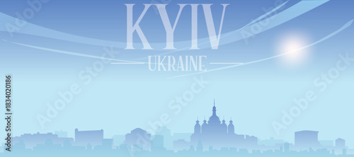 Blue panoramic poster of the city skyline with misty background buildings and clouds of KYIV, UKRAINE
