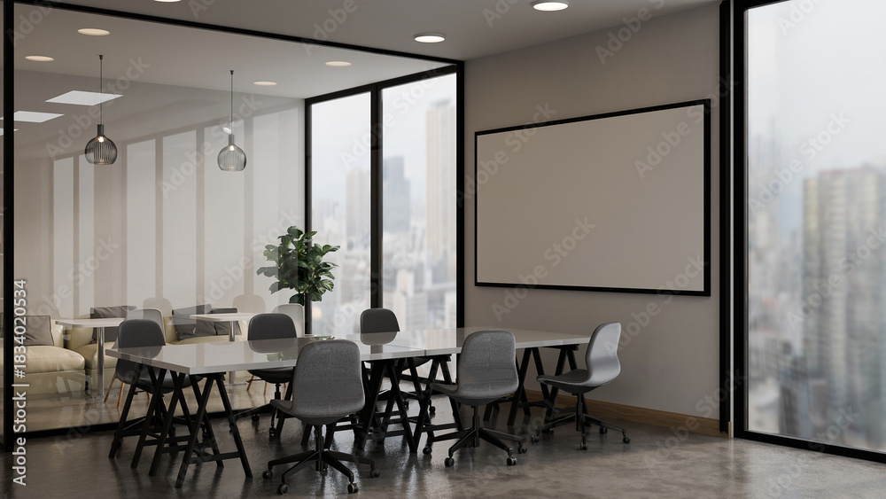 Fototapeta premium Modern white open space office interior with city scape 3d render