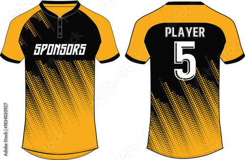 Sports t-shirt jersey design vector template, Black and Yellow halftone sports jersey with front and back view for Soccer, Cricket, Football Jersey design Concept