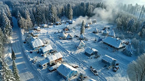 Aerial View of Snowy Winter Village Surrounded by Dense Forest and Frosty Landscape