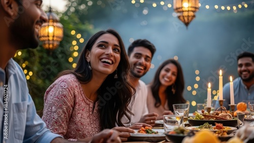 Group of diverse people laughing and enjoying a festive dinner outdoors at an evening party with warm lights