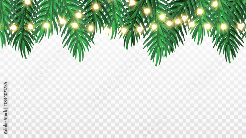 Festive frame with coniferous greenery and glowing Christmas lights, vector design on transparent background.