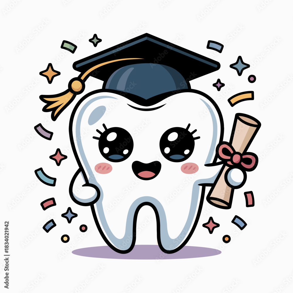 Fototapeta premium A joyful tooth character wears a graduation cap and holds a diploma.