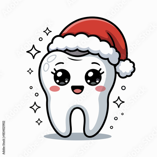 A cute, anthropomorphic tooth wears a Santa hat and blushes with joy.