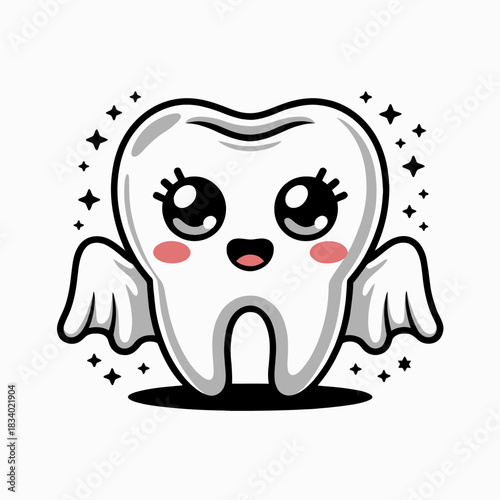 A charming cartoon tooth features an adorable face with big, expressive eyes, rosy cheeks, and a happy smile.