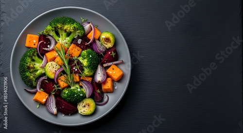 Roasted Vegetables with Beets and Brussels Sprouts on a Grey Plate healthy food vegetarian