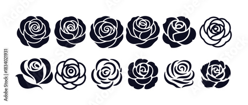 Rose black silhouette set botanical floral decorative elements without stem isolated on white background