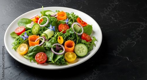 Colorful Garden Salad With Edible Flowers And Fresh Vegetables food healthy eating