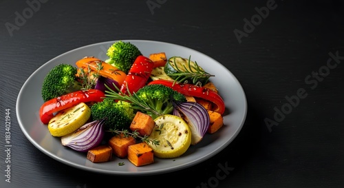Roasted Vegetables on a Plate with Herbs and Dark Background healthy food vegetarian
