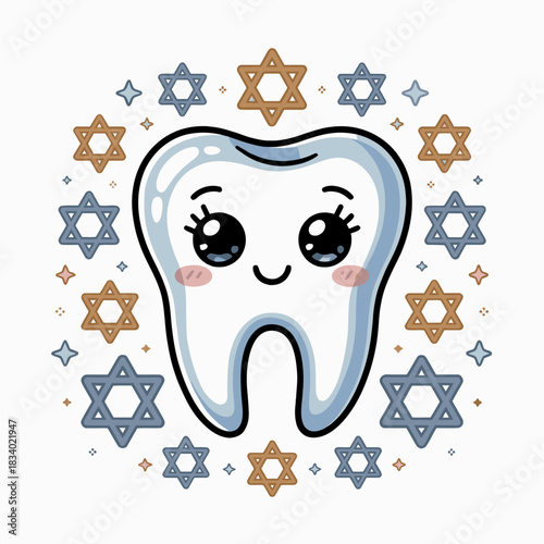 A cute, anthropomorphic tooth with a big smile and expressive eyes is the focal point.