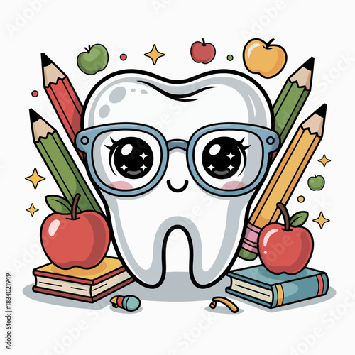A kawaii-style tooth character, wearing oversized glasses, is surrounded by colorful pencils, books, and apples.