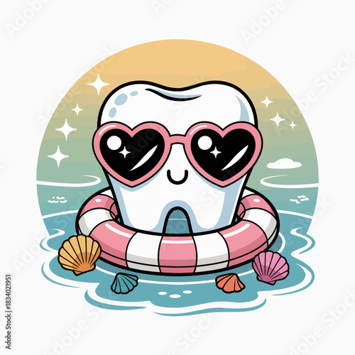 A cartoon tooth, wearing heart-shaped sunglasses, floats cheerfully in the water.