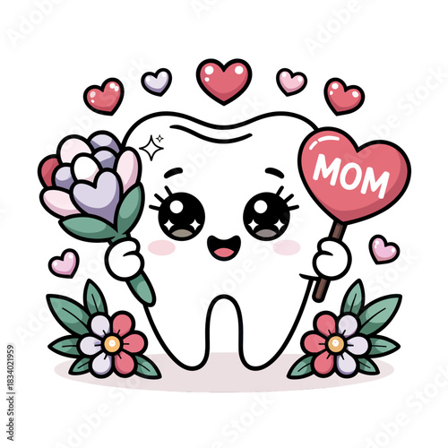 A cute anthropomorphic tooth holds a heart-shaped balloon labeled 'MOM' and a bouquet of flowers