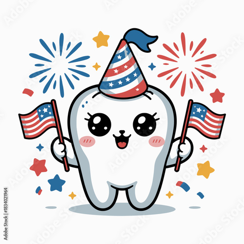 A cute, smiling tooth character is shown wearing a red, white, and blue party hat while holding two small American flags.
