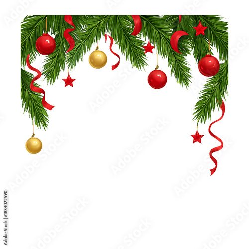 Christmas Border With Ornaments And Ribbons For Greeting Card
