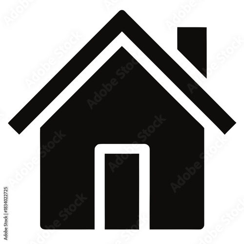 Illustration of a simple black house icon with a chimney and a white door on a white background | editable svg