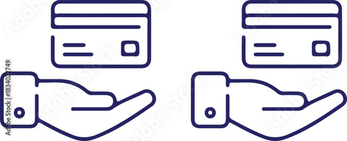 two hand holding bule line credit card icons vector
