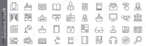 Library and reading line icon set – editable outline symbols of book, librarian, ID card, borrow, news, shelf and study