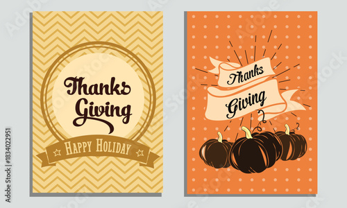 Retro thanksgiving holiday cards featuring vintage typography, autumn pumpkins, and festive seasonal greetings design.